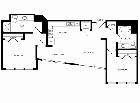Floor plan for 2 beds, 2 baths, 966 sqft